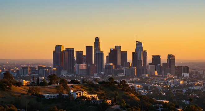 Golden Hour Portrait of Los Angeles Skyline from Griffith Observatory with Warm Sunset Glow