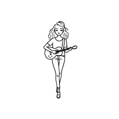 Black and white line art of a cool woman playing guitar in casual outfit minimalist stylish illustration