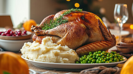 This Thanksgiving, enjoy a feast of roast turkey, creamy mashed potatoes, and vibrant peas