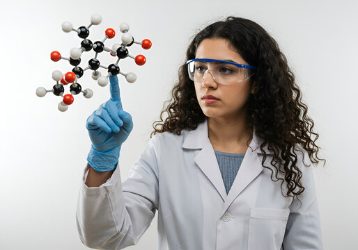 Female scientist examining molecular structure model isolated on white background