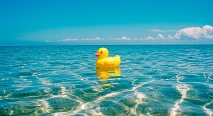 A single yellow rubber duck floating on the surface of a clear blue ocean under a bright sky day time