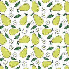 Obraz premium Seamless green pears and leaves pattern on white background