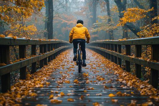 Person riding bike on bridge.