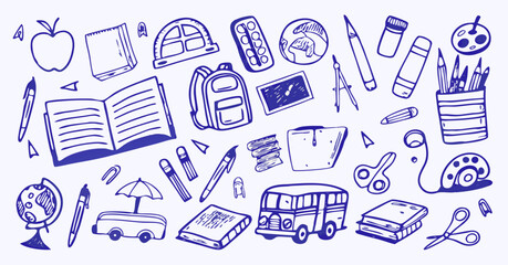 Hand-drawn doodle illustration of back to school elements like books, pencils, backpack, chalkboard, apple, globe, and school bus. Playful sketch line art for education, kids, and learning designs. © Neo Design Studio
