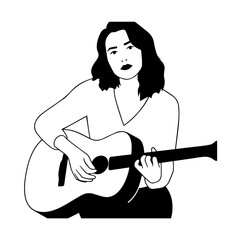 Black and white line art of a cool woman playing guitar in casual outfit minimalist stylish illustration