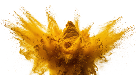 Vibrant yellow turmeric powder, finely ground, exploding dynamically mid-air in a macro shot, against a transparent background with copy space, concept of spice seasoning.