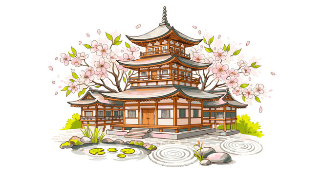 Serene Pagoda Scene with Cherry Blossoms and Zen Garden, Illustrative Representation of Traditional Architecture, 1638.eps Reference