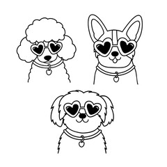 outline set of isolated playful dogs wearing heart glasses 