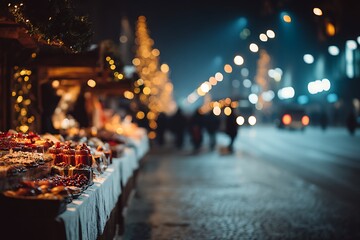 Christmas market, New Year lights, decorated shops, houses for trade, New Year in Europe, Xmas evening, copy space, close up, blurred