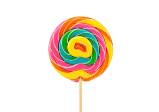 Large, glossy rainbow swirl lollipop with vibrant pink, yellow, green, blue, orange bands on a wooden stick, isolated on transparent with copy space, bright studio light, concept of sweet indulgence