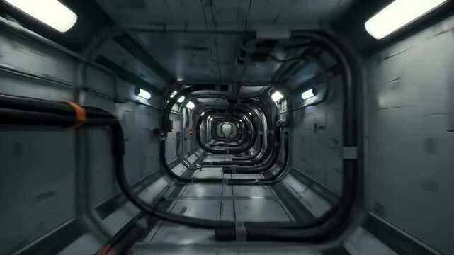 A long, narrow, futuristic corridor inside a spaceship with exposed pipes and cables lining the metallic walls.