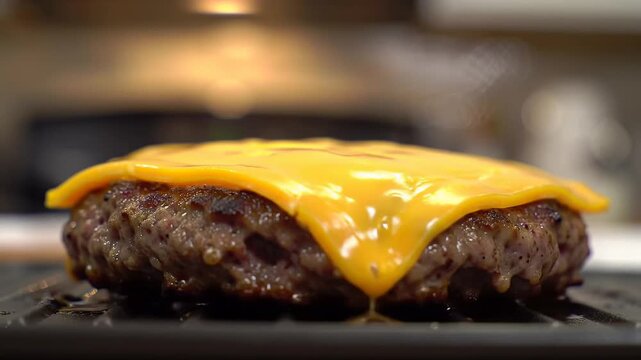 A juicy beef burger patty topped with melted cheddar cheese on a grill in a kitchen closeup for burger advertising and food marketing campaigns
