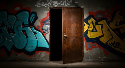 Obraz premium Rusty Metal Door in Graffiti Covered Wall in Abandoned Building