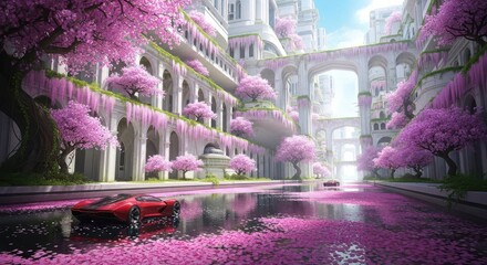 Enchanting Palace Garden Blooming with Cherry Blossoms and Red Car Reflections