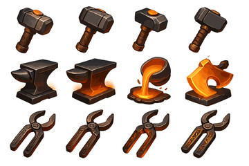 Set of medieval blacksmith tools with hammers, anvil, molten metal, and tongs