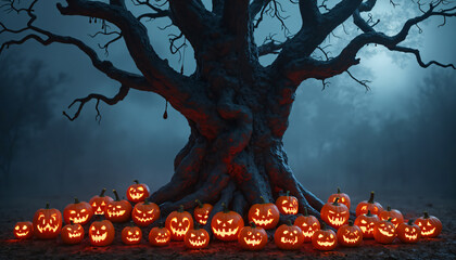 Carved Pumpkins and Large Tree