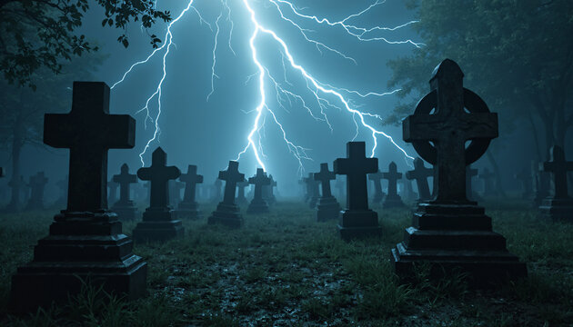 Cemetery with Lightning Storm - Powered by Adobe