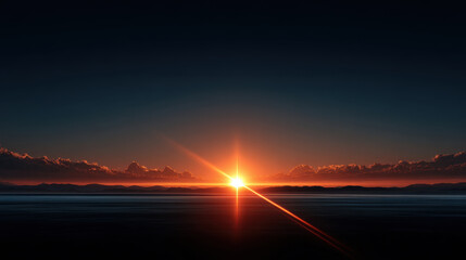 Sunrise over calm ocean with distant mountains and glowing clouds, creating peaceful and cinematic atmosphere with warm orange and dark blue tones