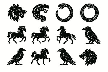 Monochrome tribal animal silhouettes: wolves, snakes, horses, ravens in bold designs