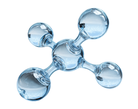 Clear glass molecule structure, isolated on transparent cutout background