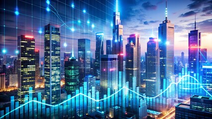 A futuristic cityscape with glowing data lines and bar graphs overlaid on modern skyscrapers, symbolizing financial growth, technology, and innovation in a vibrant urban environment
