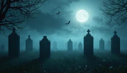 Foggy Graveyard with Full Moon and Bats