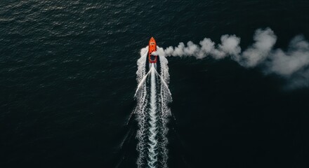 Orange boat speeds across dark ocean leaving white trail