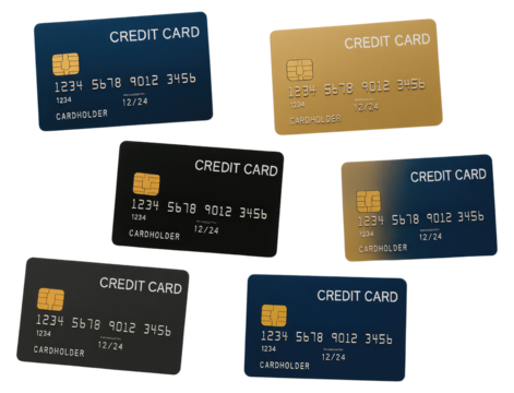 Assortment of credit cards in various colors including blue black and gold cardholder isolated on a transparent background