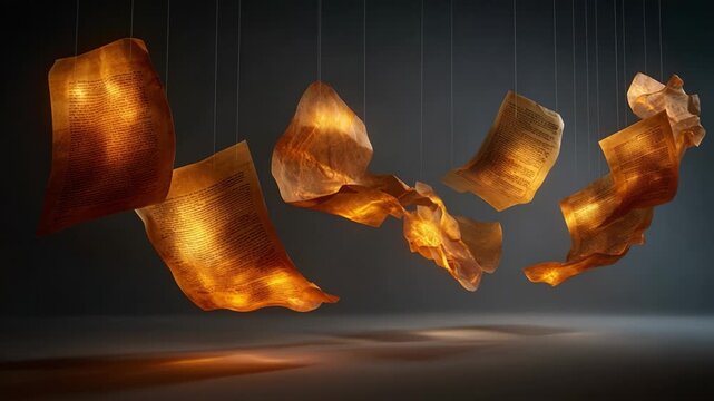Glowing ancient manuscripts and old papyrus scrolls hanging from the ceiling, creating a mystical and historical atmosphere with warm light reflecting on the floor against a dark background