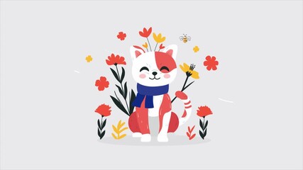 A charming looping animation of a cute orange and white cat in a blue scarf, smiling cheerfully while surrounded by colorful flowers and a flying bee. Perfect for children's content, cartoon projects - Powered by Adobe