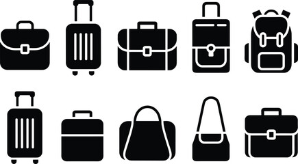 Bag icon set, luggage silhouette vector, travel backpack illustration, briefcase and suitcase collection, black and white design, isolated accessories graphic
