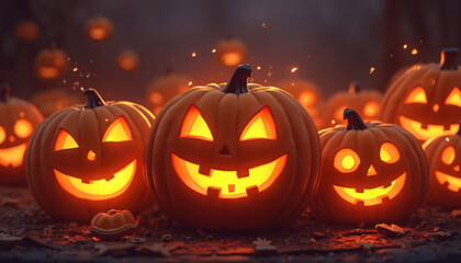 Jack-o'-Lanterns Illuminated at Night