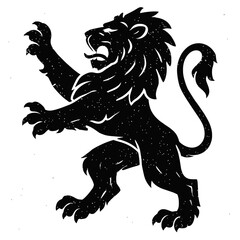 Naklejka premium Powerful black rampant lion silhouette with a roaring mouth, majestic mane, and distinctive vintage grunge texture. Perfect for heraldic emblems, royal crests, brand logos, medieval art, and historica