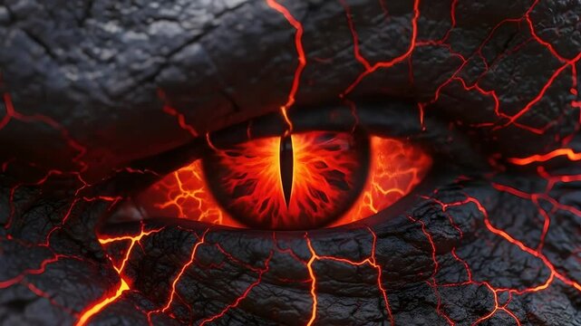 Dragon eye close-up, lava-like skin texture pulsates with fiery energy, perfect for fantasy gaming, horror, mythical creature visual effects, and epic showdowns.  Power, danger.