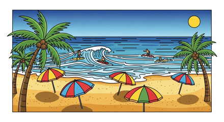 A serene beach landscape with palm trees, colorful umbrellas, and gentle waves, capturing the tranquility of a tropical getaway