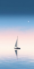 Fototapeta premium A serene scene of a lone sailboat gliding on calm waters under a pastel sky at dawn.