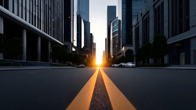A vibrant sunset casts a warm glow over a bustling city skyline filled with towering glass and steel skyscrapers, with a busy road leading through the heart of the urban landscape. - Powered by Adobe