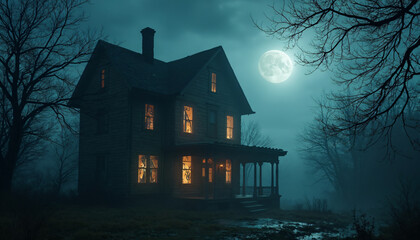 Wooden house with glowing windows under a moonlit sky