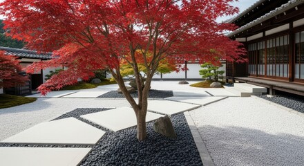 Serene Japanese Garden with Autumn Maple Tree and Raked Gravel
