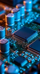 Close up of a complex electronic circuit board with microchips and capacitors