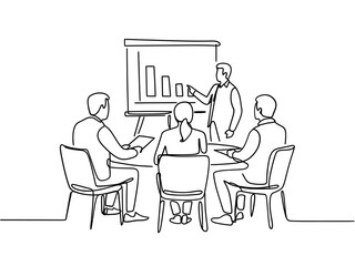 Business meeting presentation with bar chart and attendees