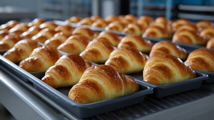 An assortment of golden, flaky croissants freshly baked and arranged neatly on trays in a cozy, traditional bakery setting, ready to be enjoyed as a delightful breakfast or snack.