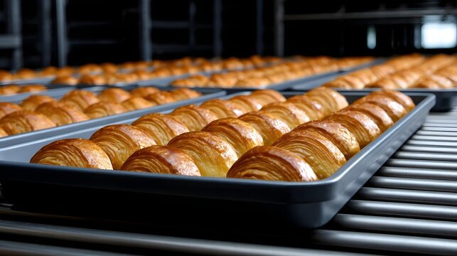 An image showcasing multiple rows of golden, freshly baked croissants arranged neatly on metal baking trays, ready for sale or consumption in a bakery or cafe setting.