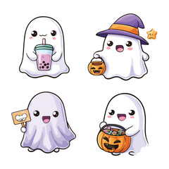Cute Ghost Vector Set Kawaii Halloween Characters with Accessories