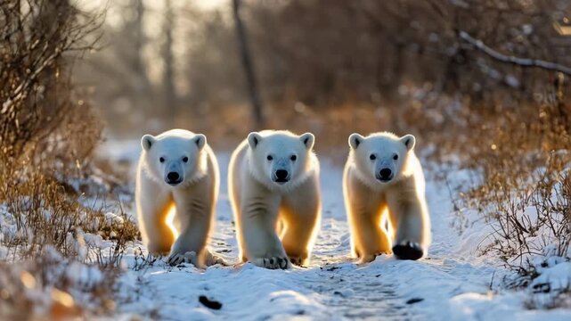 Polar bears roam through snowy forest in the evening light