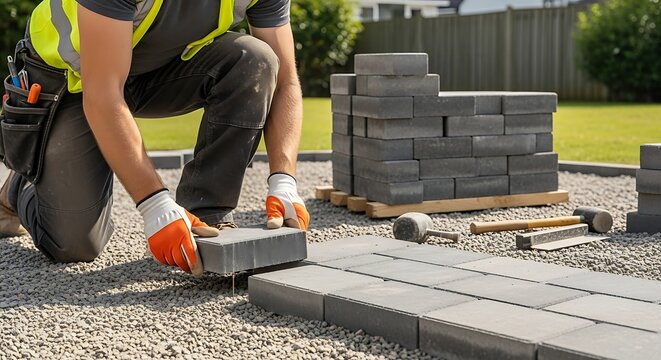 Construction worker cutting paving stones for a new patio installation