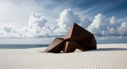 Abstract Sculpture on Sandy Beach Under Cloudy Sky