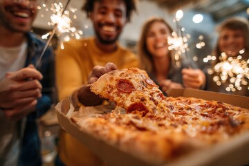 Exciting product launch celebration with pizza and sparklers in a lively indoor setting