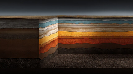 Underground layers showing crude oil reserves with colorful sedimentary rock strata and soil layers in cross section view revealing geological formations and natural resources