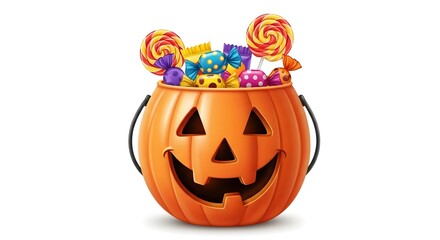 Fototapeta premium Illustration of pumpkin bucket full of halloween candy isolated on white background
